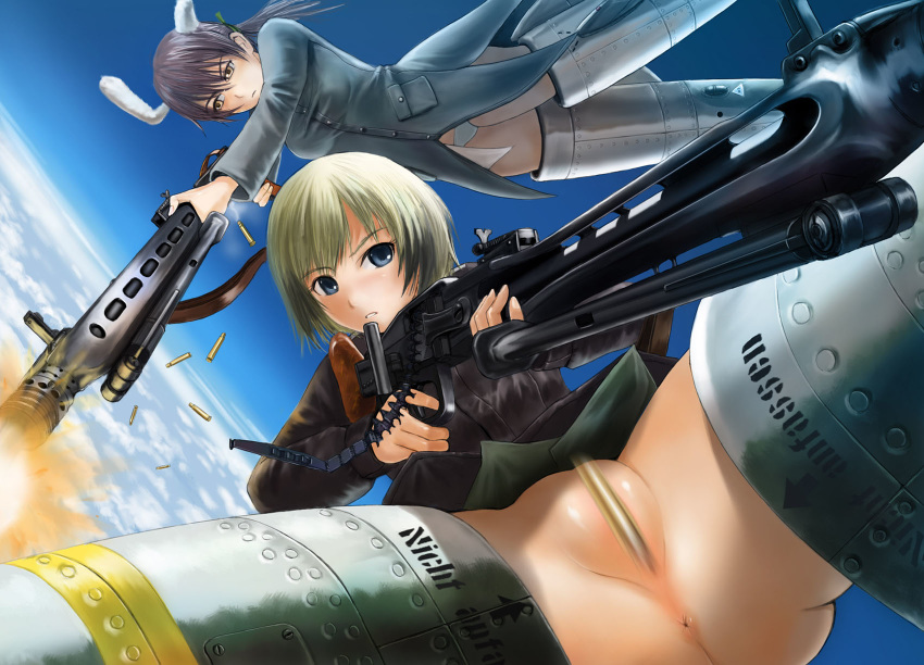 2girls animal_ears anus blonde_hair blue_eyes brown_eyes brown_hair bunny_ears casing_ejection censored convenient_censoring erica_hartmann firing flying german gertrud_barkhorn gun highres kamimura long_hair machine_gun mg42 mimura_kaoru multicolored_hair multiple_girls no_panties panties ponytail shell_casing short_hair strike_witches translated two-tone_hair underwear weapon