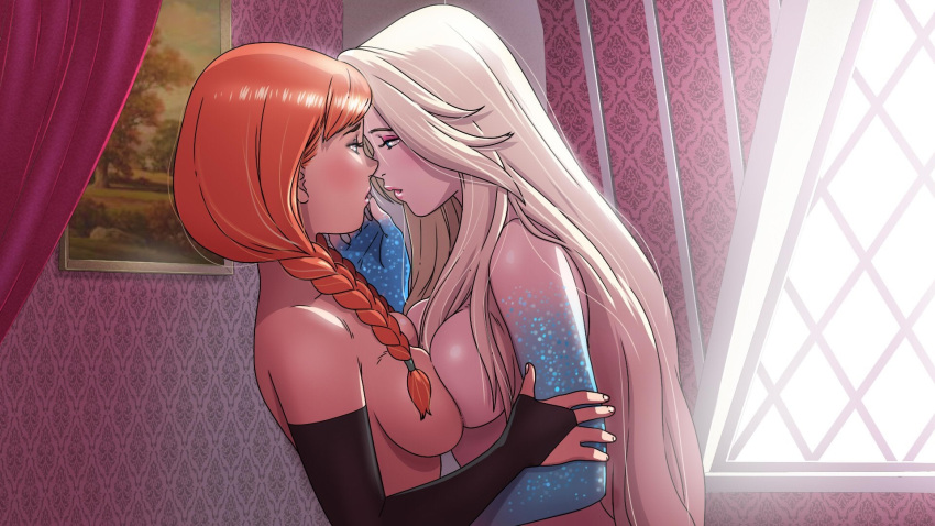 2_girls anna_(frozen) blonde blonde_hair braid braided_hair breasts elsa elsa_(frozen) female female/female female_human female_only frozen_(movie) functionally_nude human human/human incest indoors long_blonde_hair looking_at_each_other red_hair redhead sister_and_sister sisters symmetrical_docking yuri