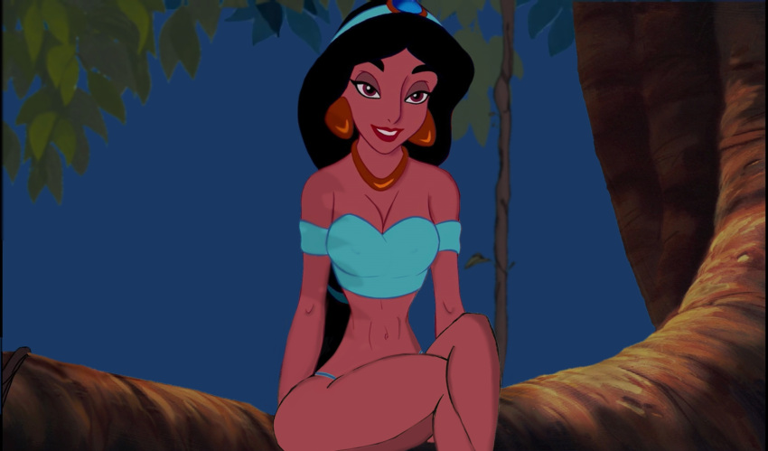 1girl aladdin_(series) alluring disney female_abs insanely_hot jannilove jungle legs panties princess_jasmine top tree