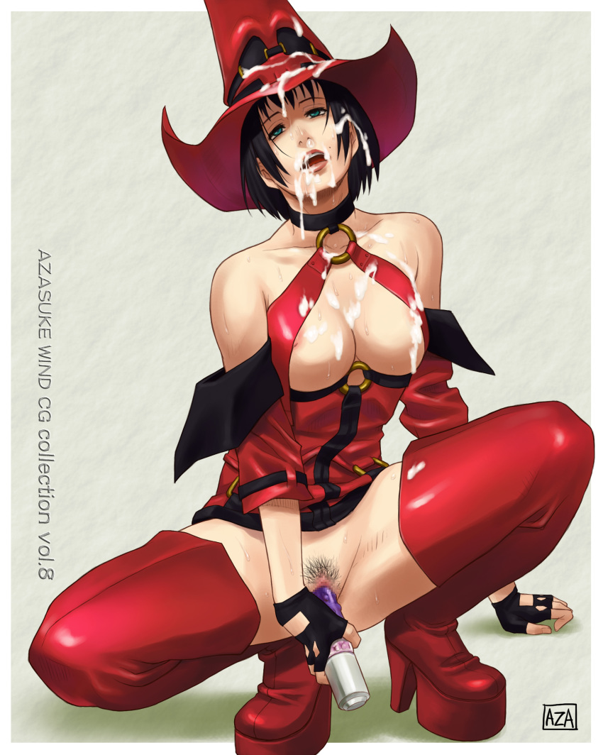 1girl arc_system_works arm_support azasuke azasuke_wind bare_shoulders beauty_mark black_hair boots breasts censored choker cleavage cum cum_on_body cum_on_breasts cum_on_clothes cum_on_hair cum_on_upper_body cumdrip dildo facial fingerless_gloves gloves green_eyes guilty_gear hat highres i-no masturbation mole no_panties open_mouth pubic_hair short_hair solo spread_legs squatting sweat thigh_boots thighhighs vibrator witch_hat