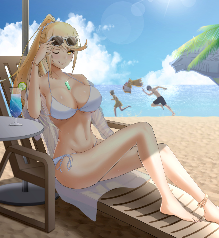 1girl absurd_res adjusting_eyewear alluring alternate_costume arm_up bare_legs barefoot beach big_breasts bikini blonde_hair blush chair cleavage cloud covered_erect_nipples cup earrings food fruit glowing high_res jewelry juice lemon long_hair looking_at_viewer mebi_il mythra navel nia nia_(fancy_sundress)_(xenoblade) nia_(xenoblade) nintendo ocean one_eye_closed ponytail sand shadow shiny_skin sitting sky sunglasses swept_bangs swimsuit table tongue tongue_out tora_(best_girl_fan)_(xenoblade_2) tora_(xenoblade_2) umbrella water wet white_bikini xenoblade_(series) xenoblade_chronicles_1 xenoblade_chronicles_2 yellow_eyes zeke_von_genbu_(xenoblade)