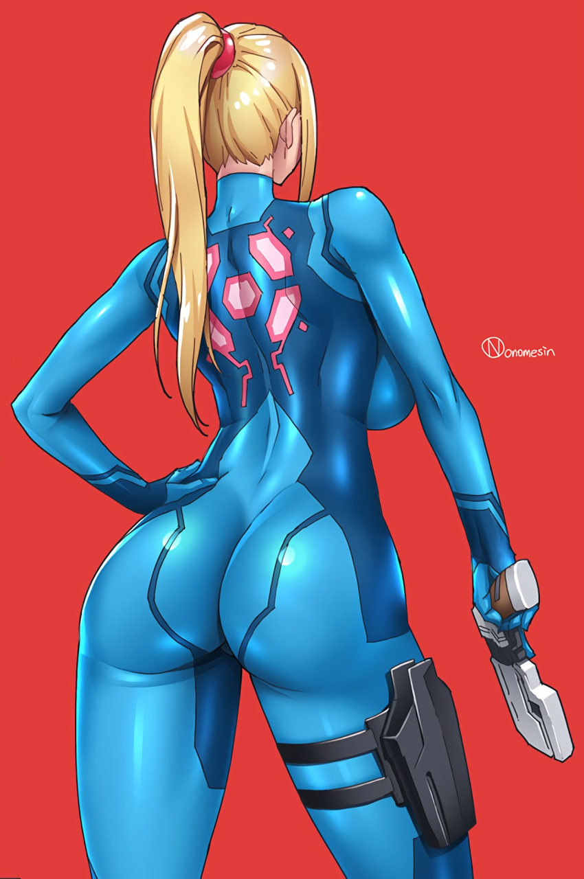 1girl artist_name ass backboob big_breasts blonde_hair bodysuit breasts butt_crack curvy dat_ass english_text female_focus gun high_ponytail hip_focus holding_weapon holster huge_ass long_hair metroid nintendo onomeshin ponytail pouch red_background samus_aran simple_background skin_tight standing thick_thighs thigh_holster thighs tied_hair weapon wide_hips zero_suit