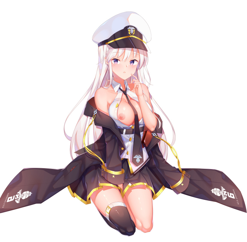 1girl 1girl areola asymmetrical_legwear azur_lane bangs bare_shoulders belt between_breasts between_legs big_breasts black_belt black_jacket black_legwear black_neckwear black_skirt blush breasts clavicle collared_shirt enterprise_(azur_lane) eyebrows_visible_through_hair full_body hand_between_legs hat heart hetero high_resolution index_finger_raised jacket large_filesize long_hair long_sleeves looking_at_viewer male miniskirt neck_tie necktie_between_breasts nipples open_clothes open_jacket open_mouth open_shirt peaked_cap pleated_skirt puffy_areolae purple_eyes seiza shiny shiny_hair shirt single_thighhigh sitting skirt sleeveless sleeveless_shirt stockings tousang underbust very_high_resolution very_long_hair white_background white_hair white_headwear white_shirt