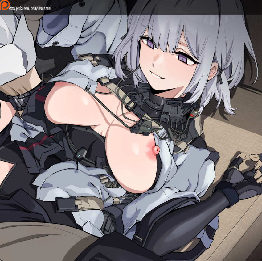 1girl 1girl bangs banssee big_breasts black_gloves blunt_bangs breasts breasts_out_of_clothes eyebrows_visible_through_hair girls_frontline gloves grin hair_between_eyes high_resolution imminent_sex korean_ lying nipples on_back out_of_frame purple_eyes rpk-16_(girls_frontline) short_hair silver_hair smile tactical_clothes