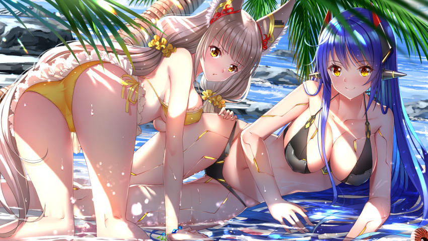 2_girls aged_up all_fours android animal_ear_fluff animal_ears ass big_breasts bikini black_bikini blue_hair blurry blurry_foreground blush cleavage closed_mouth commentary_request covered_erect_nipples day depth_of_field female_focus gluteal_fold grey_hair hair_between_eyes hair_ornament hair_scrunchie headgear high_res long_hair looking_at_viewer lying multiple_girls navel nia nia_(blade)_(xenoblade) nia_(xenoblade) nintendo niyah on_side outside palm_tree poppi_(xenoblade) poppi_qtpi_(xenoblade) robot_ears scrunchie shallow_water side-tie_bikini_bottom smile spoilers strap_gap sunlight swimsuit swordsouls thigh_gap tree very_long_hair water xenoblade_(series) xenoblade_chronicles_2 yellow_bikini yellow_eyes yellow_scrunchie