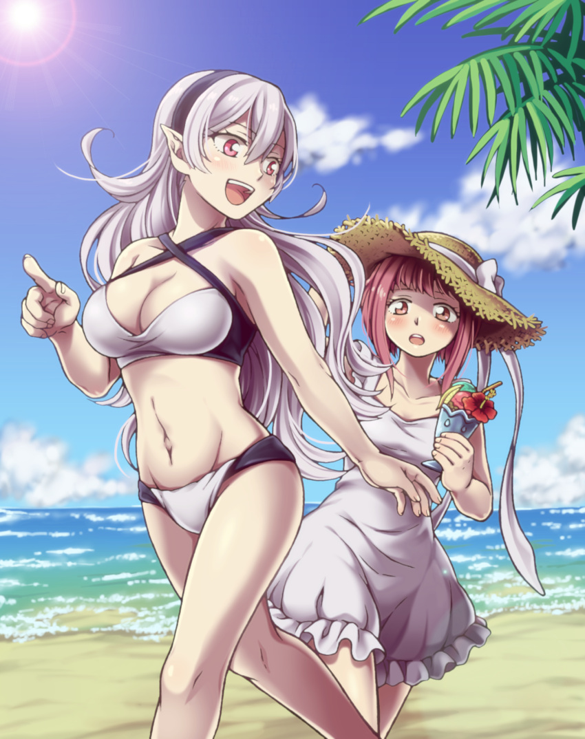 2_girls alluring beach big_breasts bikini blue_sky breasts brown_eyes cleavage cloud corrin_(fire_emblem) corrin_(fire_emblem)_(female) day dress fire_emblem fire_emblem_fates hair_between_eyes hairband hat high_res hiyori_(rindou66) long_hair looking_at_viewer multiple_girls navel nintendo ocean open_mouth outside palm_tree pink_hair pointy_ears red_eyes sakura_(fire_emblem) sand short_hair silver_hair sky small_breasts smile sun_hat sundress swimsuit tree water