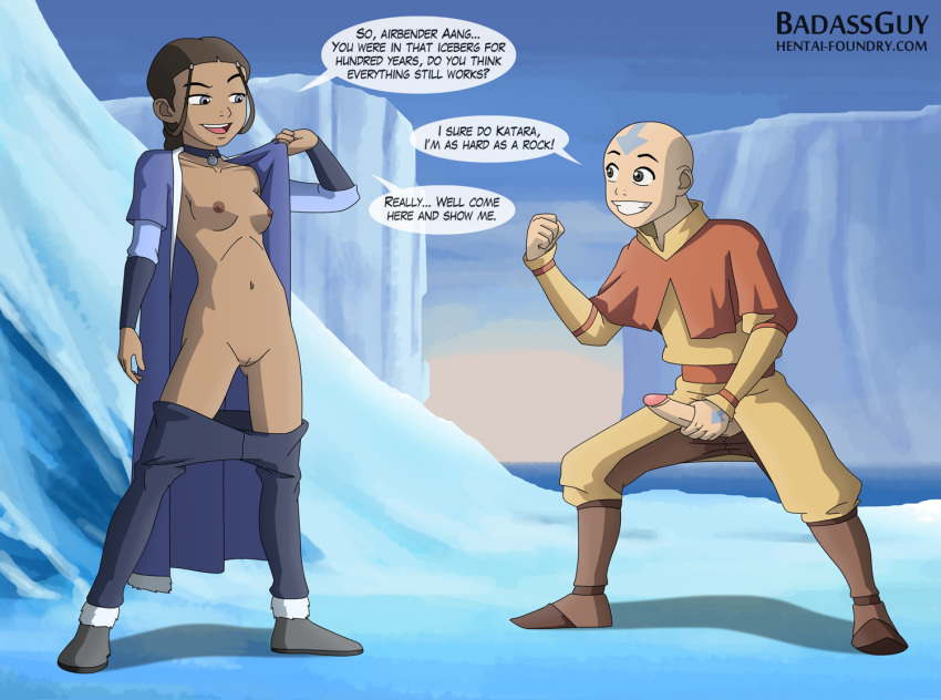 aang avatar:_the_last_airbender badassguy black_hair blue_eyes breasts choker comic dark_skin erect_nipples erection hairless_pussy katara nipples nude penis pussy small_breasts uncensored