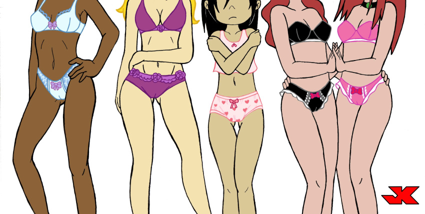 american_dragon:_jake_long black_hair black_panties blonde_hair blue_bra blue_panties bow_panties bra dark_skin hair haley_long heart jk jk_(artist) kara_(american_dragon) long_hair panties pink_bra pink_panties printed_panties purple_bra purple_panties red_hair rose_(huntsgirl) sara_(american_dragon) short_hair the_oracle_twins trixie_carter underwear