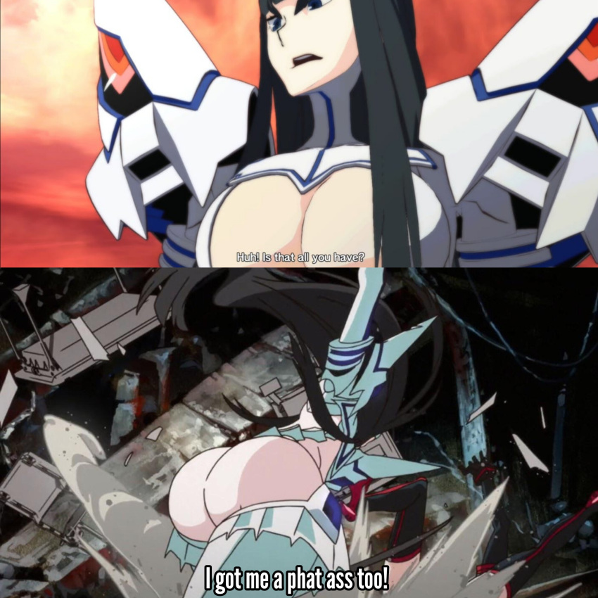 2_girls back big_breasts big_breasts black_hair blue_eyes breasts dat_ass destruction fat_ass huge_ass junketsu kill_la_kill kill_la_kill:if kiryuuin_satsuki long_hair matoi_ryuuko meme nice_ass nice_breasts screencap thighs