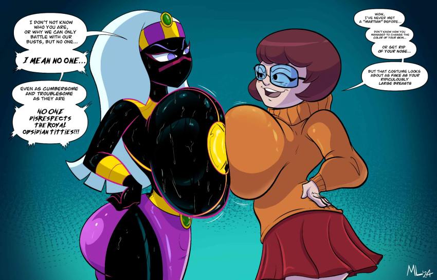 2_girls ameizing_lewds black_skin blue_eyes cartoon_network crossover duck_dodgers gigantic_ass gigantic_breasts glasses queen_tyr'ahnee scooby-doo sweat symmetrical_docking velma_dinkley white_hair