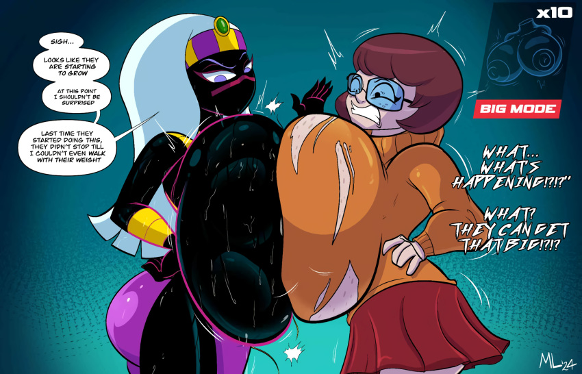 2_girls ameizing_lewds black_skin blue_eyes breast_expansion brown_hair cartoon_network crossover duck_dodgers gigantic_ass gigantic_breasts glasses queen_tyr'ahnee scooby-doo sweat symmetrical_docking velma_dinkley white_hair