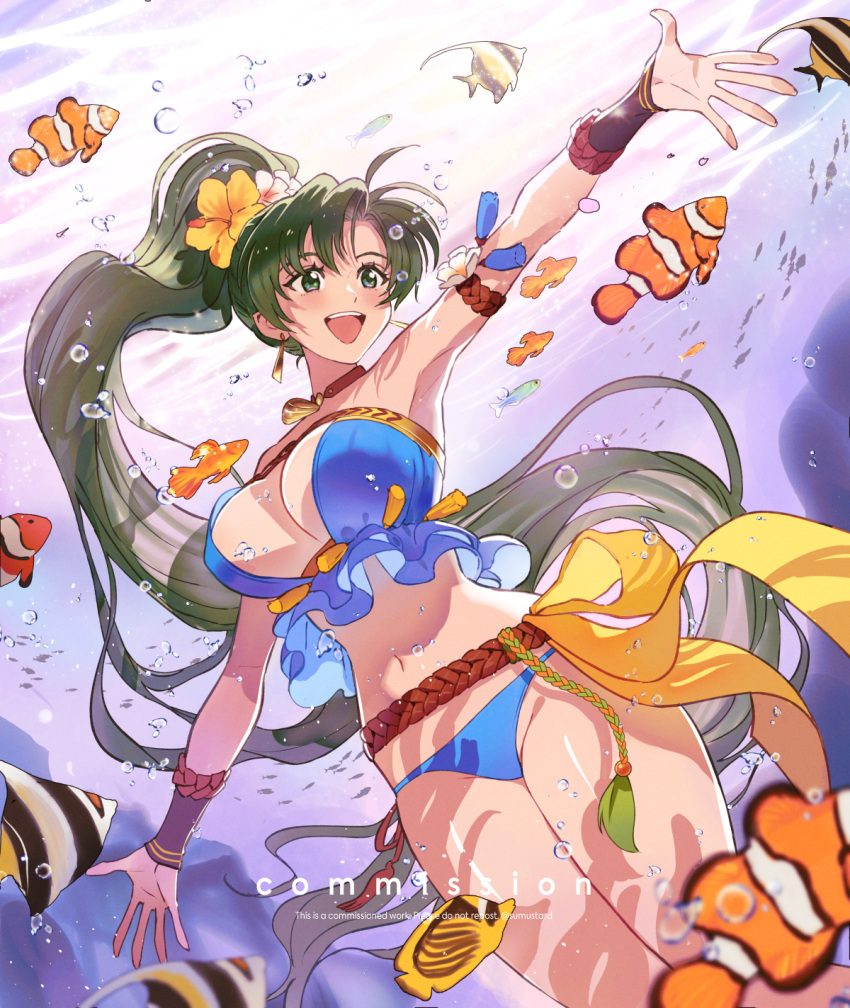 1girl 1girl alluring arm_up bare_legs bare_shoulders big_breasts bikini blue_bikini bubble cleavage commission earrings fire_emblem fire_emblem:_the_blazing_blade fire_emblem_heroes fish floating_hair flower green_eyes green_hair hair_flower hair_ornament happy high_ponytail high_res intelligent_systems jewelry long_hair lyn lyn_(fire_emblem) lyn_(lady_of_the_beach)_(fire_emblem) lyndis lyndis_(fire_emblem) midriff navel neck necklace nintendo official_alternate_costume open_mouth outstretched_arms ponytail school_of_fish smile spread_arms strapless strapless_bikini submerged sumustard swimming swimsuit thick_thighs thighs underwater very_long_hair wide_hips
