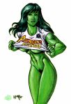 1girl 2004 avengers bottomless catthouse_studios dated female female_only green_eyes green_hair green_skin hulk_(series) jennifer_walters marvel marvel_comics muscle pubic_hair she-hulk solo superheroine tcatt underboob white_background rating:Explicit score:7 user:zipp