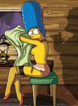 1girl blue_hair breast female female_only heels marge_simpson matt_groening_(artist) pearls shadow sideboob solo the_simpsons yellow_skin rating:Questionable score:8 user:Lizard