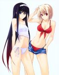 2girls anime arcueid_brunestud arms_behind bikini blonde_hair female front-tie_bikini green_eyes hairband halter_top hand_on_head hand_on_hip highres long_hair multiple_girls non-nude purple_hair red_eyes short_hair shorts side-tie_bikini swimsuit tohno_akiha toono_akiha tsukihime two-tone_hair unzipped very_long_hair rating:Questionable score:7 user:Tappy