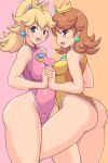 2girls ass blonde_hair blue_eyes brown_hair flipped_hair hair hand_holding hips holding_hands huge_ass kihaiu leg_between_thighs leotard long_hair mario_(series) multiple_girls nintendo one-piece_thong open_mouth orange_background panties pink_background ponytail princess_daisy princess_peach short_hair super_mario_bros. super_mario_land thick_thighs thighs thong thong_leotard underwear wedgie wide_hips yuri rating:Safe score:43 user:Moonreker