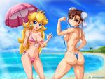 2_girls arm_up ass bare_back bare_shoulders beach big_breasts bikini blonde_hair blue_eyes breasts brown_eyes brown_hair bun_hairstyle cameltoe capcom chun-li cleavage cloud crossover crown earrings erect_nipples female female_only hair highres legs lipstick long_hair looking_at_viewer looking_back mario multiple_girls muscle nature navel nintendo nipples ocean open_mouth outside ox_horns panties parasol princess_peach ribbon sand short_hair side-tie_bikini sideboob sigurd_hosenfeld sigurdhosenfeld sky sling_bikini smile street_fighter super_mario_bros. swimsuit thighs thong thong_bikini tree underboob underwear watermark rating:Questionable score:45 user:Greedwell