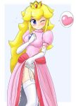 blonde_hair crown dress garter_belt gloves heart long_hair panties princess_peach smile solo stockings super_mario_bros. wink rating:Questionable score:10 user:loner