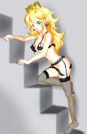 black_bra black_panties blonde_hair blue_eyes bra crown earrings garter_belt lingerie lipstick long_hair nail_polish navel nintendo nipples panties princess_peach solo stockings super_mario_bros. tansoku102cm thighhighs underwear_only rating:Explicit score:7 user:loner