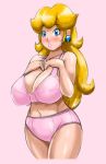 1girl big_breasts blonde_hair blue_eyes blush bra breasts chubby cleavage curvy earrings female_only hair huge_breasts jewelry lipstick long_hair makeup mario_(series) navel nintendo panties pink_bra pink_panties plump princess_peach solo_female speeds super_mario_bros. underwear underwear_only wide_hips rating:Questionable score:26 user:loner