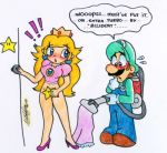 ! blonde_hair blue_eyes blush bottomless brown_hair cover_up earrings embarrassing hat high_heels jewelry long_hair luigi nintendo princess_peach short_hair super_mario_bros. sweat_drop rating:Questionable score:8 user:SonicRush12