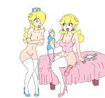 2girls arturesparasito blonde_hair bottomless breasts covering hair long_hair multiple_girls nintendo nude princess_peach princess_rosalina rosalina sitting super_mario_bros. rating:Explicit score:12 user:loner