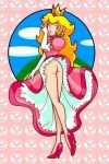 1girl ass blonde_hair dress dress_lift earrings female female_human female_only gloves legs long_hair looking_back lowres nintendo no_panties pink_dress pink_high_heels princess_peach sky solo super_mario super_mario_bros. super_princess_peach upskirt rating:Questionable score:9 user:loner