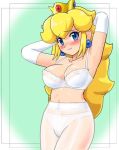 blonde_hair blue_eyes bra gloves lingerie long_hair navel pantyhose princess_peach smile solo super_mario_bros. white_bra white_panties rating:Questionable score:20 user:loner