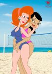 beach bigtyme bikini black_hair blue_eyes breasts brown_eyes cleavage disney dr._hirano earrings hairband jewelry linda_flynn-fletcher lipstick long_hair looking_back milf orange_hair phineas_and_ferb smile swimsuit rating:Questionable score:47 user:zipp