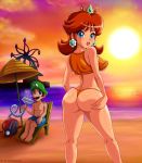 1boy 1girl beach beach_umbrella blue_eyes brown_hair ferris_wheel from_behind luigi nintendo princess_daisy sigurd_hosenfeld sigurdhosenfeld sun super_mario_bros. swimsuit vacuum_cleaner rating:Questionable score:14 user:ShadowKing11