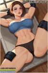  1girl 1girls abs ai ai_art ai_generated armpits arms_behind_head big_breasts black_panties blue_eyes blush breasts brown_hair cameltoe cleavage dmf_wonders elbow_pads fansly fanvue_username gloves jill_valentine lips looking_at_viewer lying muscular muscular_female navel on_back panties resident_evil short_hair spread_legs strapless thighs toned tube_top twitter_username underwear x_username  rating:questionable score: user:yingyang19