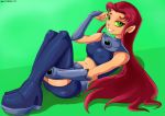 alien comic_book_character costume dc dc_comics erect_nipples green_background green_eyes koriand'r long_hair nipples_visible_through_clothing orange_hair orange_skin shadman solo starfire tamaranean teen_titans rating:Questionable score:27 user:oGtRaMmAsTeR420