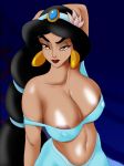 aladdin_(series) alluring arabian arabian_female black_hair brown_eyes brown_skin cartoonvalley.com cleavage disney disney_princess earrings helg_(artist) huge_breasts long_hair nipples princess_jasmine rating:Questionable score:42 user:mmay