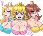 3girls big_breasts blonde_hair breasts brown_hair cleavage crown earrings female high_res highres jewelry large_breasts maniacpaint mario_(series) multiple_girls nintendo no_bra princess_daisy princess_peach rosalina rosalina_(mario) rosetta_(mario) super_mario_bros. super_mario_galaxy super_mario_land rating:Questionable score:59 user:Moonreker