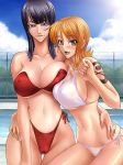 2girls bikini black_hair blush breasts brown_eyes cameltoe cleavage erect_nipples hair highleg highleg_bikini highleg_swimsuit huge_breasts kagami kagami_hirotaka multiple_girls nami nami_(one_piece) nico_robin nipples one_piece orange_hair pool short_hair swimsuit tattoo yuri rating:Questionable score:20 user:SimsPictures