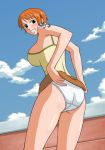 1girl ass big_breasts breasts clenched_teeth cloud going_merry_(ship) jaya large_breasts legs looking_back nami nami_(one_piece) one_piece orange_eyes orange_hair outdoors panties pantyshot pirate short_hair skirt skirt_lift sky smile solo standing straw_hat_pirates tank_top tattoo teeth thighs underwear white_panties x_bokkis rating:Questionable score:10 user:SimsPictures