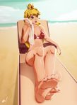 1girl barefoot beach beach_chair bikini blonde_hair blue_eyes crown feet fire_flower mario_(series) nail_polish princess_peach red_nails scamwich sitting soles solo super_mario super_mario_bros. swimsuit toenail_polish toes towel rating:Safe score:11 user:SimsPictures