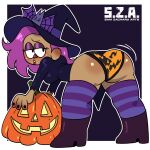 bent_over enid_mettle halloween jack-o'-lantern long_hair looking_at_viewer looking_back ok_k.o.!_let's_be_heroes panties pumpkin pumpkin_panties pumpkin_print purple_hair samzacharyarts witch witch_hat rating:explicit score: user:zipp