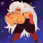 1girl abs alien big_breasts breasts cartoon_network gloves jasper jasper_(steven_universe) long_hair muscle nipples orange_eyes orange_skin smile steven_universe topless white_hair rating:Questionable score:8 user:zipp