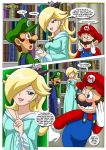 1_girl 1girl 2_boys 2boys bbmbbf blonde blonde_hair blue_eyes clothed comic crown dress earrings female hair_over_one_eye long_blonde_hair long_hair luigi male mario mario_&_sonic_(comic) mario_(series) mario_bros mobius_unleashed nintendo palcomix princess_rosalina rosalina royalty standing star_earrings tagme rating:Safe score:2 user:Christianmar762