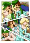 1_boy 1_girl 1boy 1girl bbmbbf blonde blonde_hair books clothed comic crown dress dress_lift earrings female indoors kissing long_blonde_hair long_hair luigi male male/female mario_&_sonic_(comic) mario_(series) mobius_unleashed nintendo palcomix panties princess_rosalina rosalina star_earrings tagme rating:Questionable score:5 user:Christianmar762