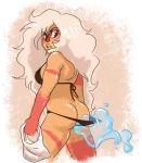 1girl alien bikini bikini_pulling embarrassing jasper_(steven_universe) looking_back muscle steven_universe wardrobe_malfunction water white_hair yellow_eyes rating:Questionable score:15 user:zipp