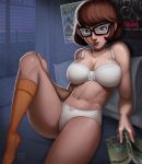 1girl bra breasts female female_only glasses indoors leg_lift looking_at_viewer panties scooby-doo short_hair sitting socks solo thighs velma_dinkley white_bra white_panties rating:Questionable score:27 user:rogermaris