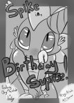 1girl 2013 blush condom cover cover_page dragon english_text filled_condom friendship_is_magic greyscale hat high_res holding_condom holding_object looking_at_viewer male monochrome my_little_pony party_hat saurian_(artist) scalie spike text rating:Explicit score:1 user:Spike_Is_Sexy