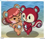 animal_crossing beach big_breasts bikini breasts digital_media_(artwork) fanart furry hazel_(animal_crossing) jackintaro looking_at_viewer nintendo open_mouth orange_fur poppy_(animal_crossing) red_body red_hair shortstack smile squirrel teeth unibrow