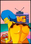 ass bent_over blue_hair marge_simpson no_panties shaved_pussy the_simpsons thighs yellow_skin