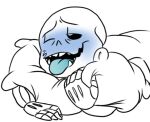  1boy animated_skeleton artist_request blue_blush blush bottom_sans clothed clothing ectotongue fangs hugging_pillow male male_focus malesub monster on_stomach one_eye_closed partially_colored pillow sans sans_(undertale) simple_background skeleton solo_focus solo_male submissive submissive_male tongue tongue_out topwear uke_sans undead undertale undertale_(series) white_background 