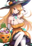  1girl alluring alternate_breast_size alternate_version_available arm_up bangs blonde_hair bowtie breasts candy cleavage core_crystal detached_collar detached_sleeves earrings female_focus female_only gold_eyes gonzarez halloween hat high_res huge_breasts large_hat latex leggings light_blush long_hair looking_at_viewer mythra nintendo orange_clothing pumpkin sitting smile swept_bangs thick_thighs thighs white_leggings witch witch_costume witch_hat xenoblade_(series) xenoblade_chronicles_2 