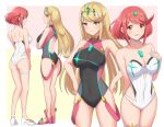  2_girls 6oryo_illust absurd_res alluring alternate_costume ass bare_shoulders big_breasts blonde_hair breasts cleavage core_crystal costume_switch heroine long_blonde_hair milf mythra mythra_(cosplay) nintendo one-piece_swimsuit pyra pyra_(cosplay) red_eyes red_hair short_red_hair swimsuit thick_thighs thighs xenoblade_(series) xenoblade_chronicles_2 yellow_eyes 