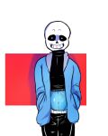  1boy 2010s 2018 2d 2d_(artwork) animated_skeleton belly blue_belly blue_body clothed clothing digital_media_(artwork) ectobelly ectobody exposed_belly hands_in_pockets hooded_jacket hoodie jacket looking_at_viewer male male_only midriff misake-san monster sans sans_(undertale) simple_background skeleton tumblr two-tone_background undead undertale undertale_(series) video_game_character video_games white_background 